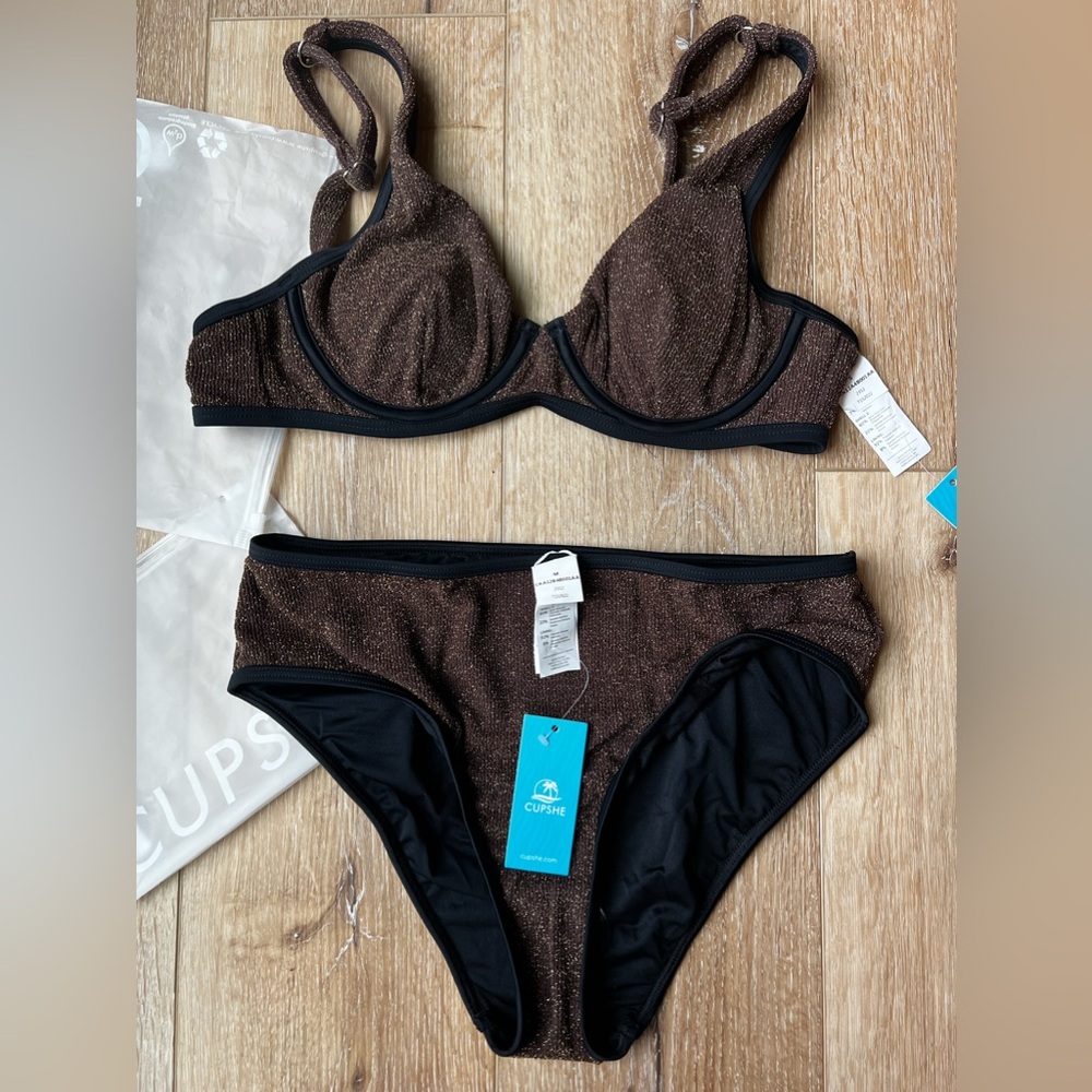CUPSHE Atlantis Espresso Bikini Top & Mid Rise Bottom S/M